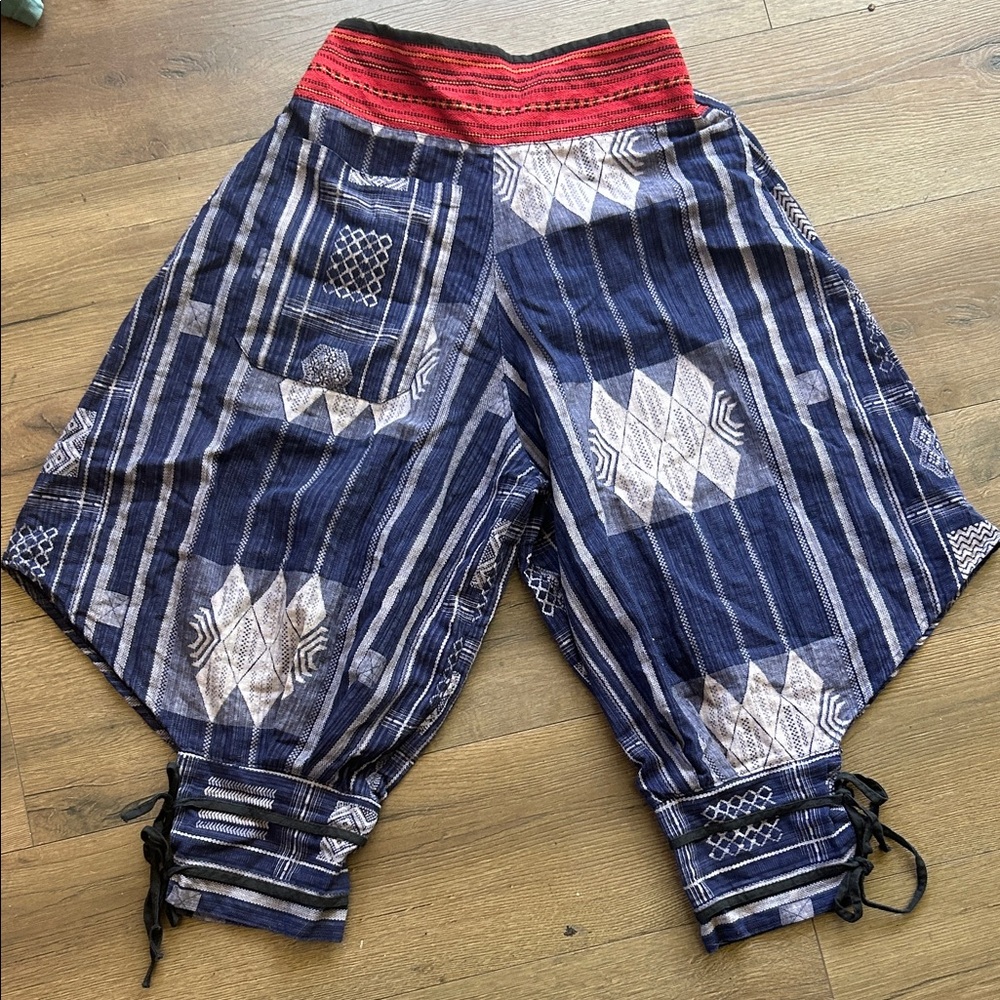 Indigo Patchwork Harem Pants with Red Elastic Waistband !! Small
